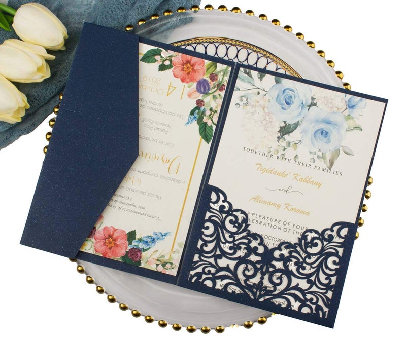 Lucky Star 25 sets 5X7 250GSM Pearl Navy Blue Tri Fold Wedding Invitations Cards With Envelopes Inserts for Wedding Bridal Shower Birthday - Image 1